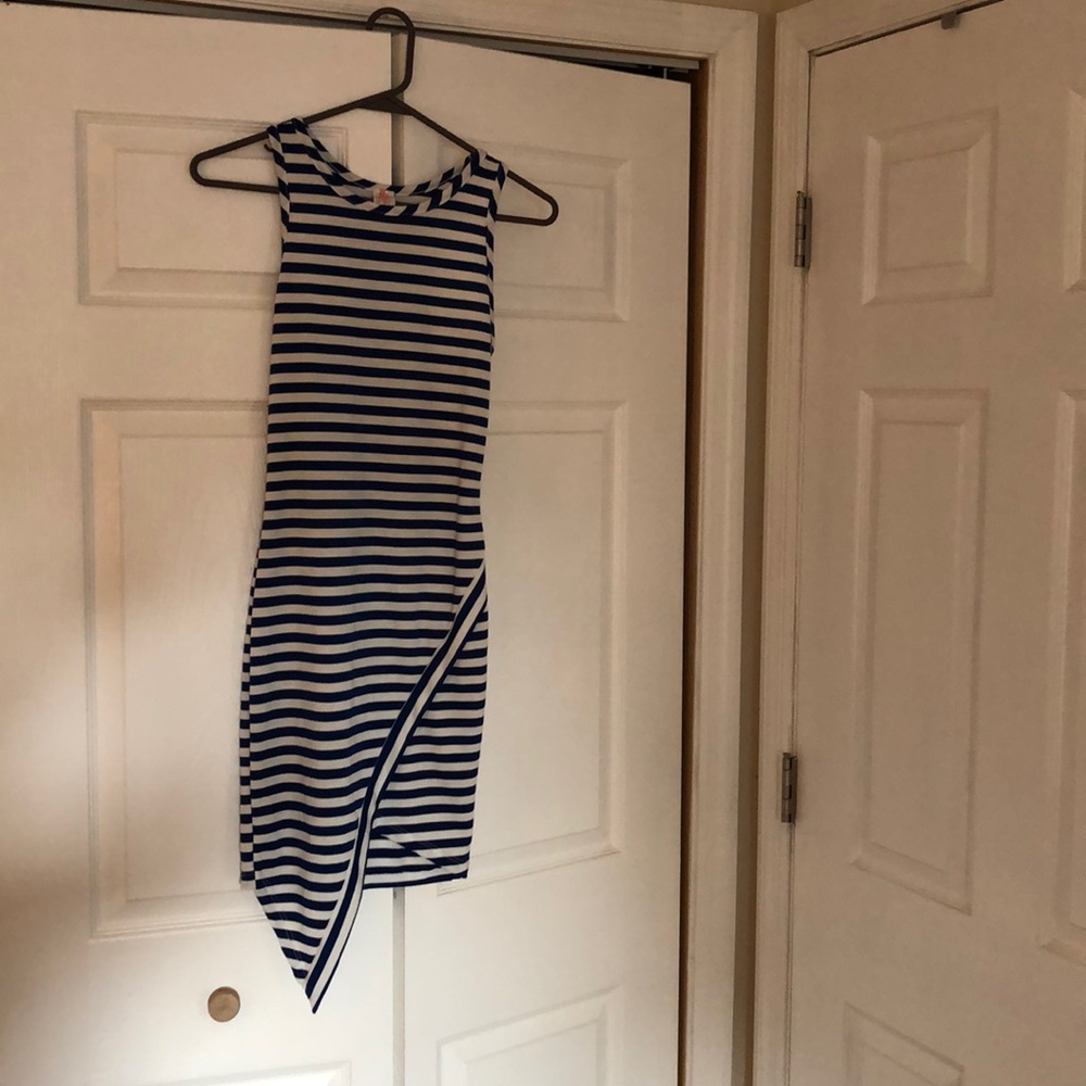 Sexy Navy and white stripe tight midi dress